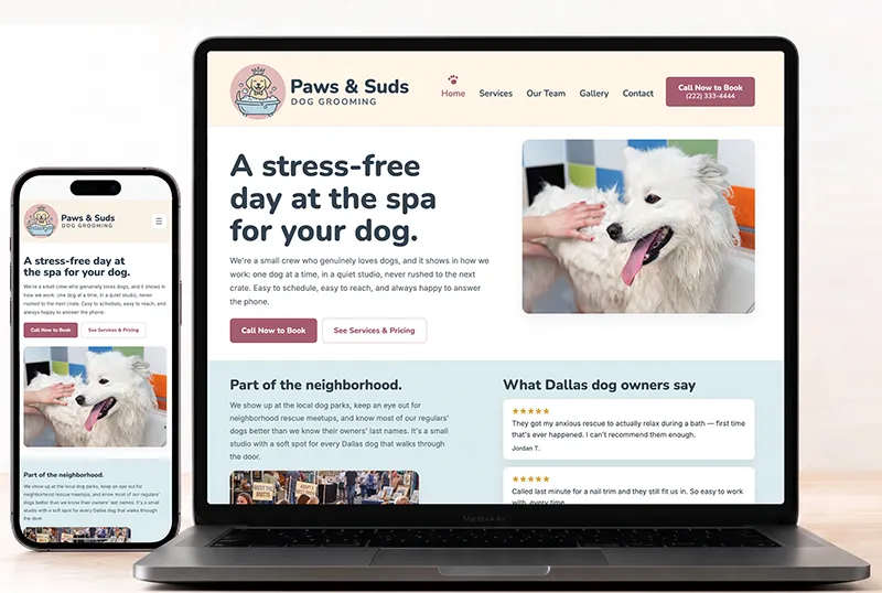 Desktop and phone mockup for Paws & Suds