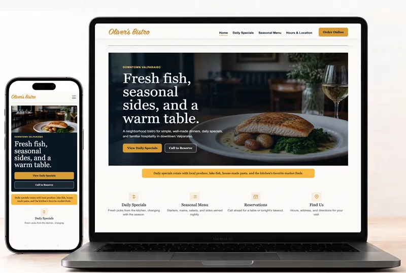 Desktop and phone mockup for Oliver's Bistro