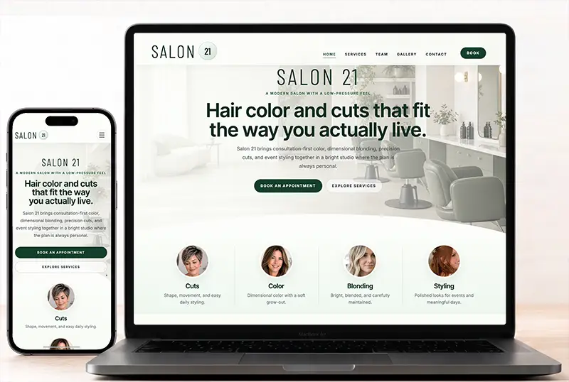 Desktop and phone mockup for Salon 21