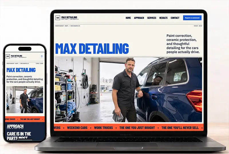 Desktop and phone mockup for Max Detailing